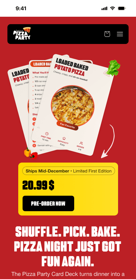 The Pizza Party Shopify storefront on mobile