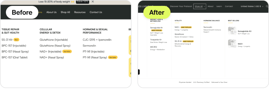 Navigation redesign, before and after