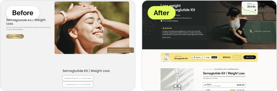 Product page redesign, before and after