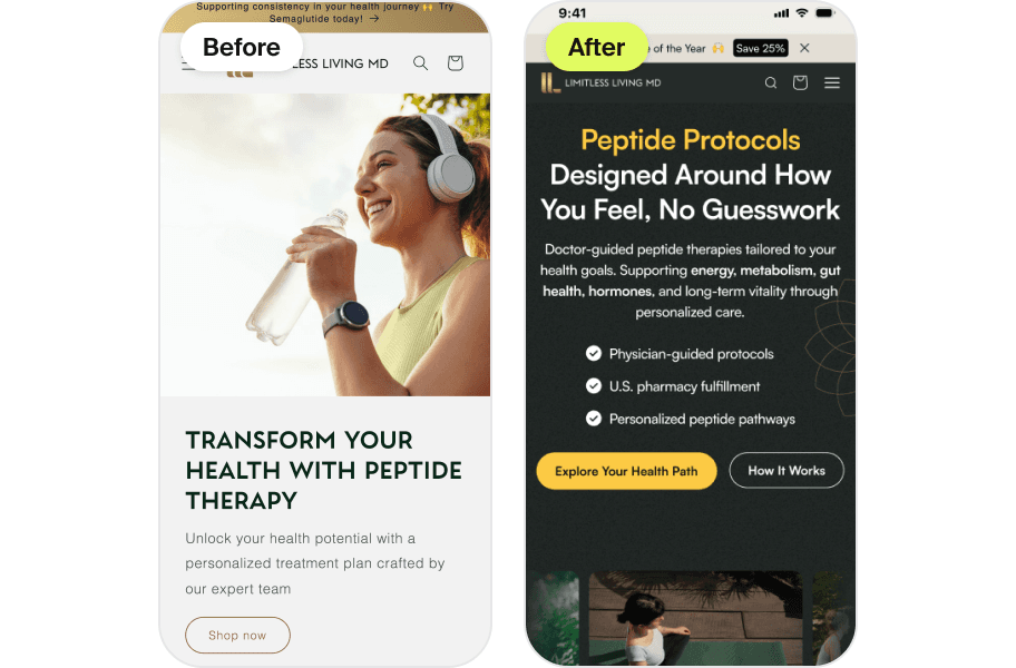 Homepage redesign on mobile, before and after