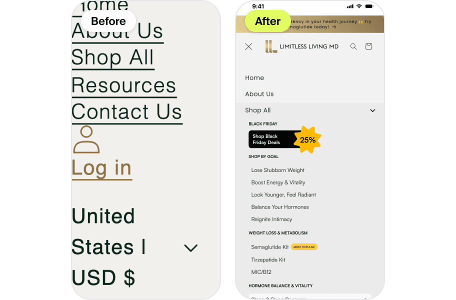 Navigation redesign on mobile, before and after