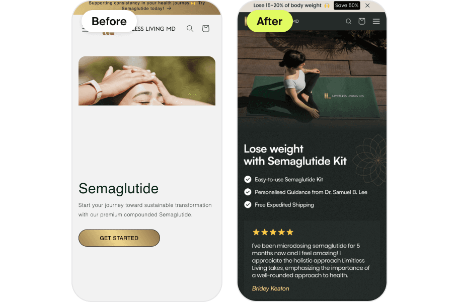 Product page redesign on mobile, before and after