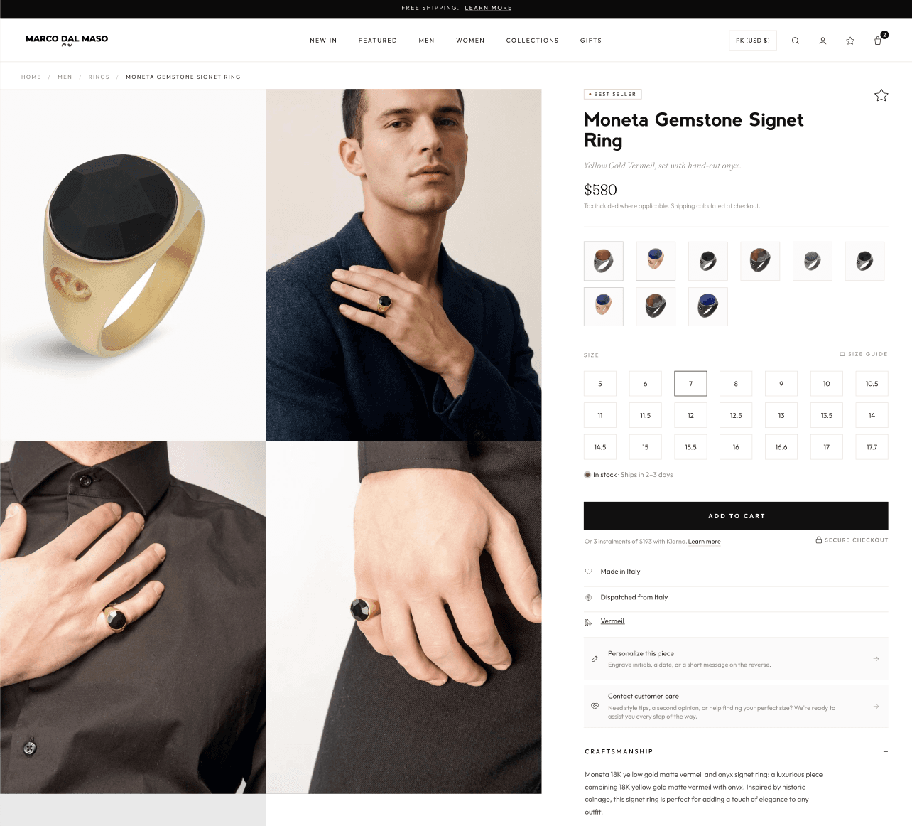 Marco Dal Maso Shopify storefront showing the Moneta gemstone signet ring