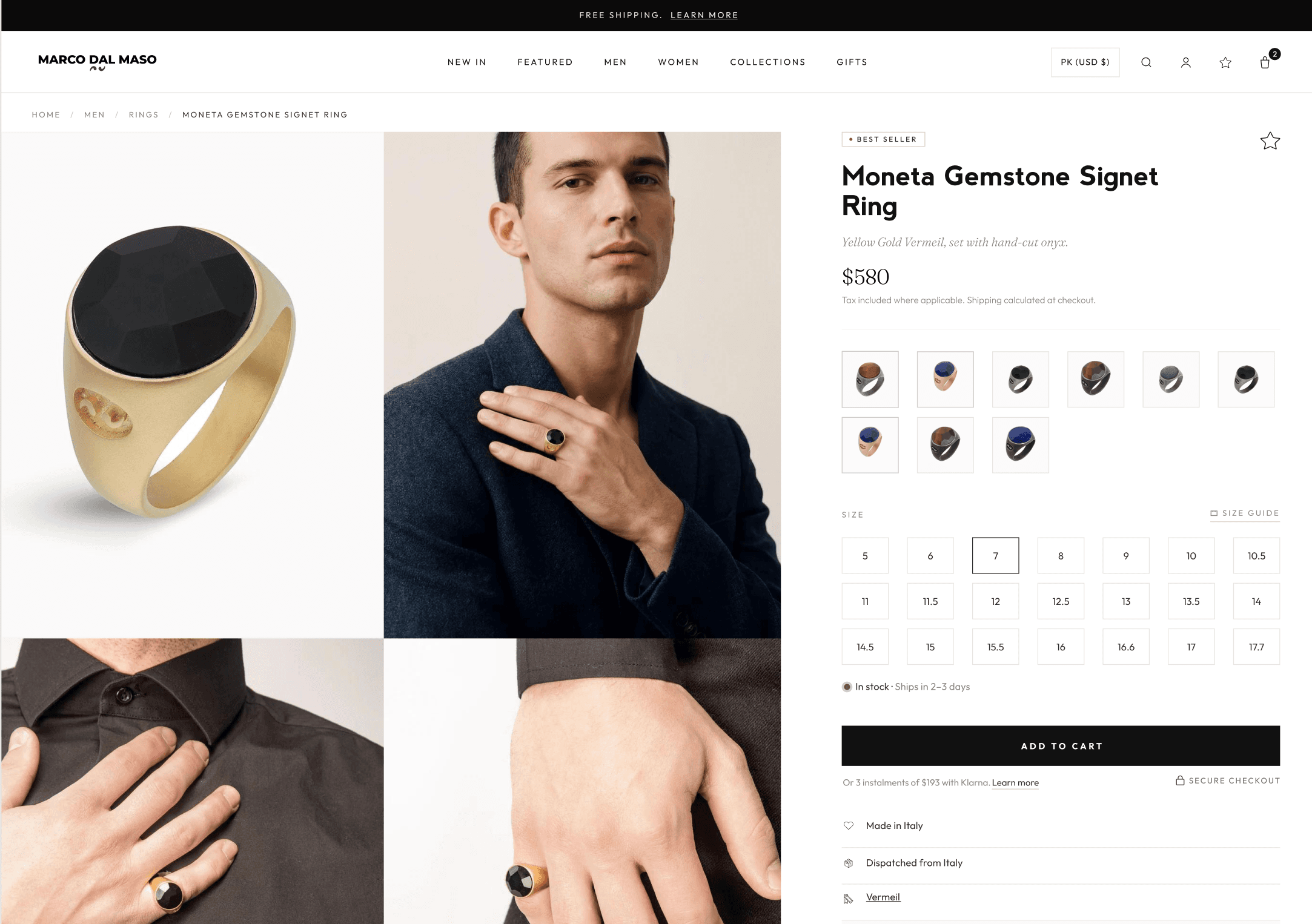Rebuilt Marco Dal Maso Shopify product page for the Moneta gemstone signet ring